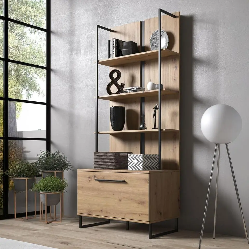 Meubella - Boekenkast Saturn - Eiken - Zwart - 85 cm