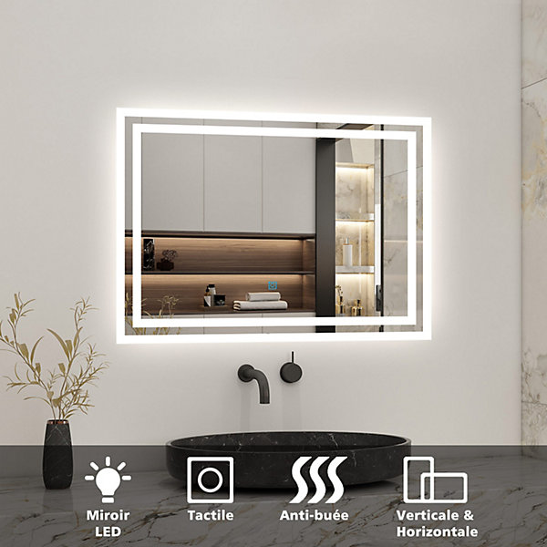 Miroir de salle de bain led tactile, 80x60cm illumination LED intégrée avec fonction anti-buée Blanc froid, AICA SANITAIRE