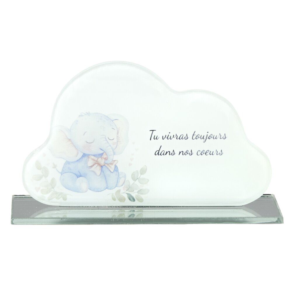 Plaque funéraire inscription enfant éléphant forme nuage verre bleu 16x3,5H9,5cm