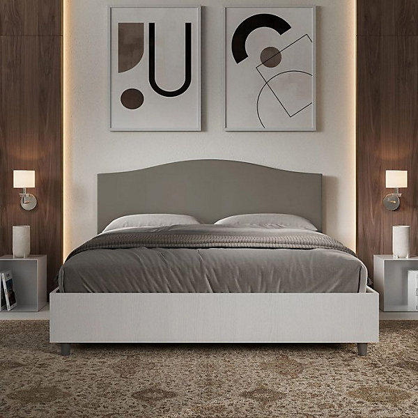 Lit avec sommier 160x200, structure frêne blanc, tête de lit en mélamine/simili cuir cappuccino Grace
