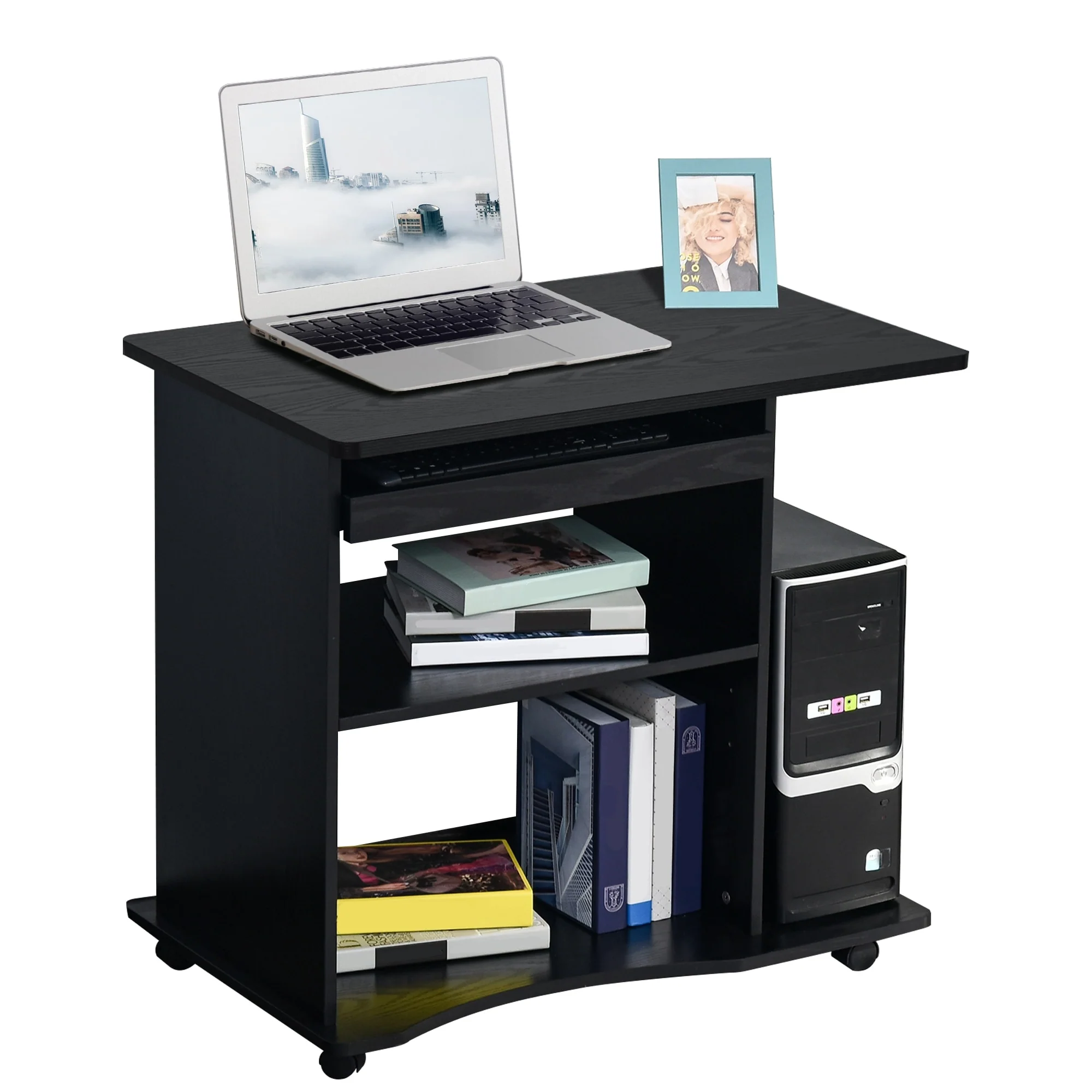 HOMCOM Mobile Computer Desk Office Table Workstation with Sliding Keyboard, Adjustable Shelves, CPU Stand Black Wood Grain