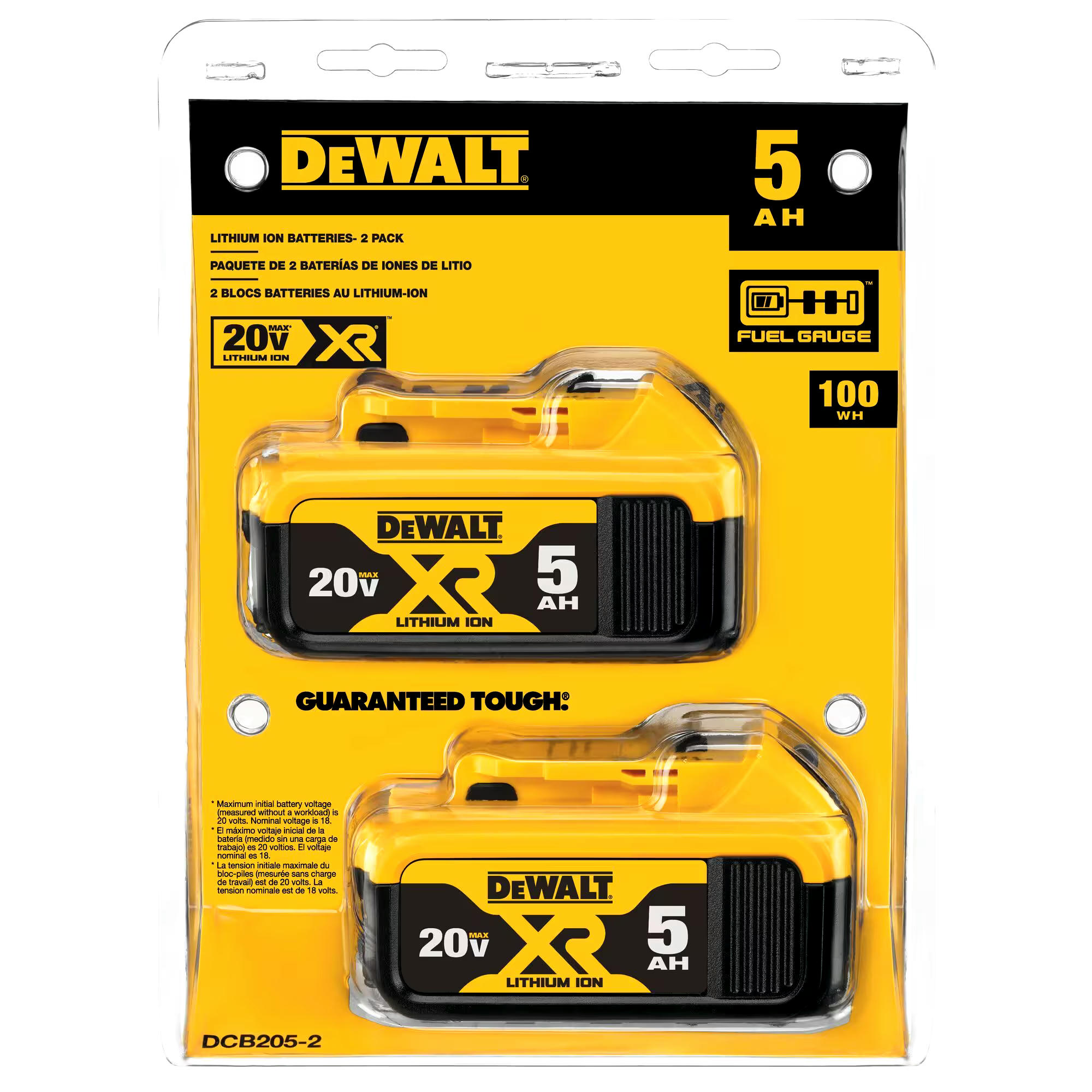 DEWALT DCB205 20V MAX XR Lithium-Ion 5.0Ah Battery Pack with LED Fuel Gauge, 2-pk