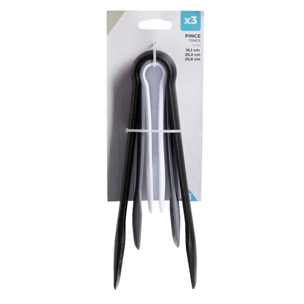 Lot de 3 pinces alimentaires plastique noir/blanc/gris