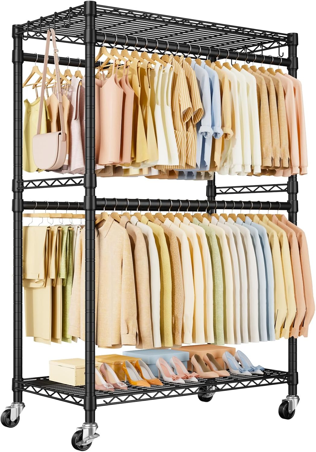 ULIFHOME P4 Plus Rolling Clothes Rack Heavy Duty, Clothing Racks for Hanging Clothes, Free Standing Garment Racks with Wheels, Portable Closet Rack 45''W × 20.5''D × 80.5''H, Max Load 570 Lbs, Black