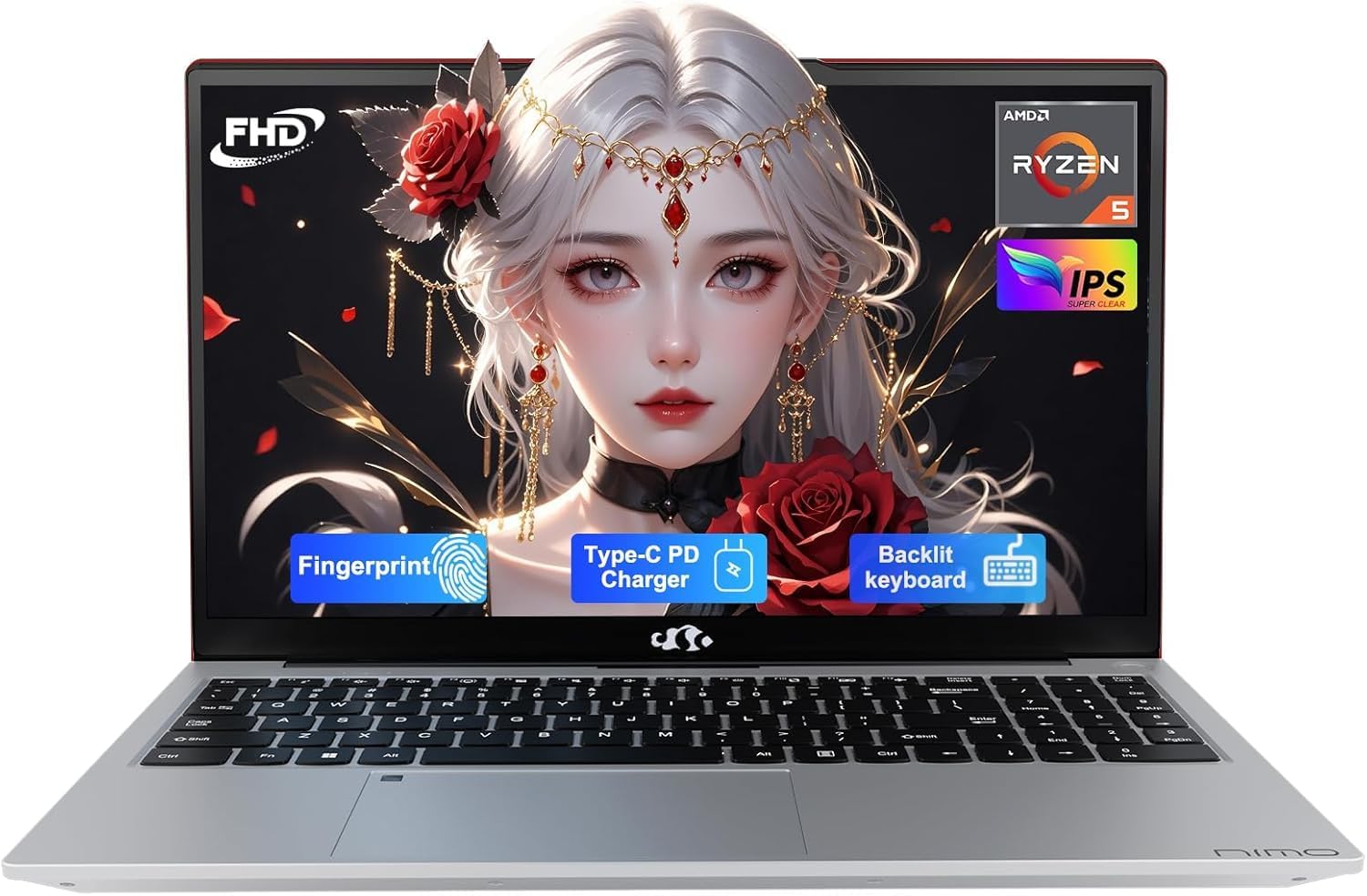 NIMO 15.6'' IPS FHD-Laptop  16GB RAM 512GB SSD AMD Ryzen 5  4 Cores Up to 3.7GHz Student Computer with 2 Years Warranty  65W Type-C  Fingerprint  Backlit Keyboard  BT5.2