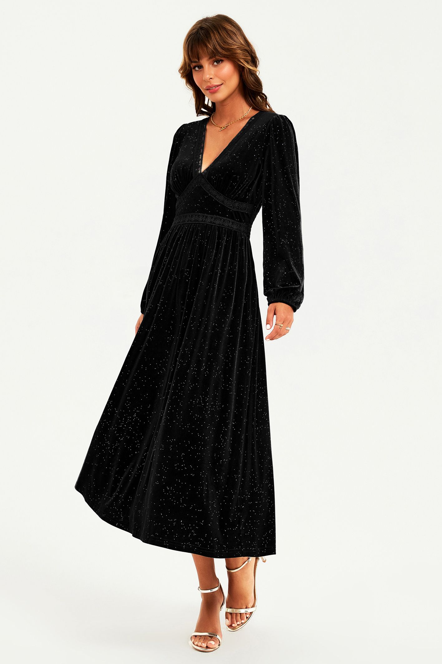 FS Collection Silver Foil Velvet Lace Trim Neckline Midi Dress