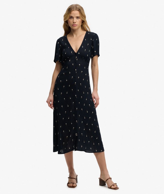 Printed Button Short Sleeve Midi Tea Dress