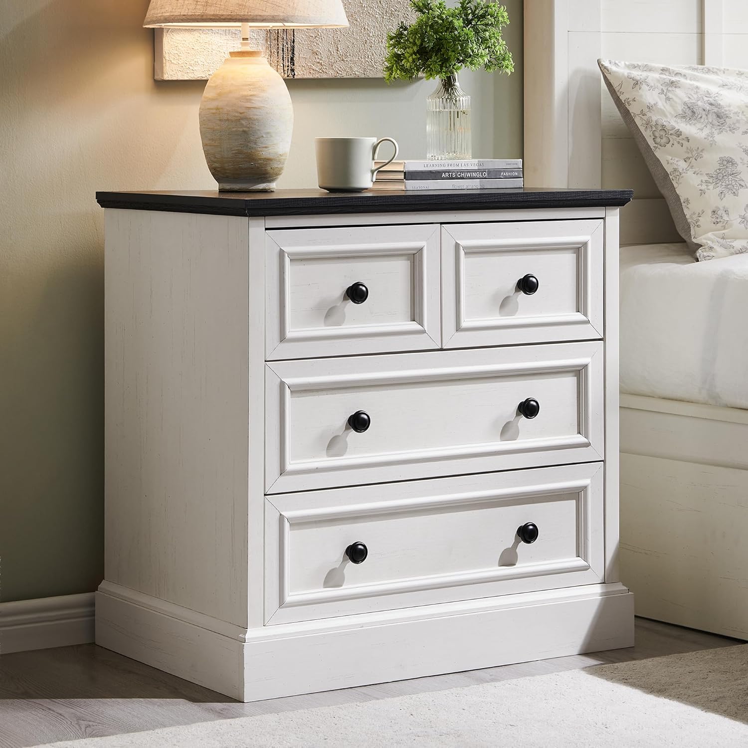 ACCOHOHO 26 W Nightstands Set of 2, Farmhouse End Table with 4 Drawers for Storage, Nightstand with Charging Station for Bedroom, Off White