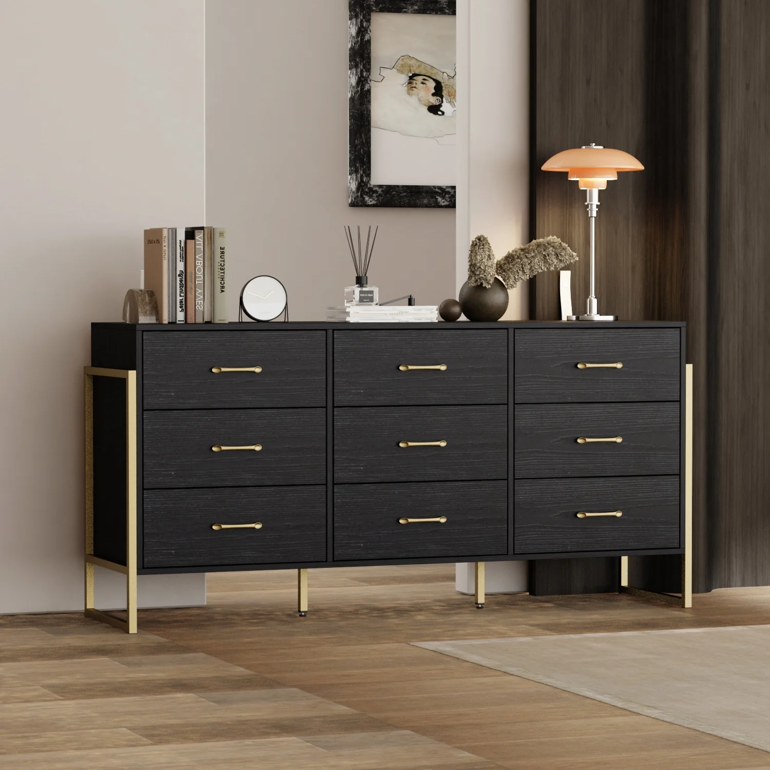 Versatile 9-Drawer Dresser - Sleek Black & Gold, Premium Quality Chest