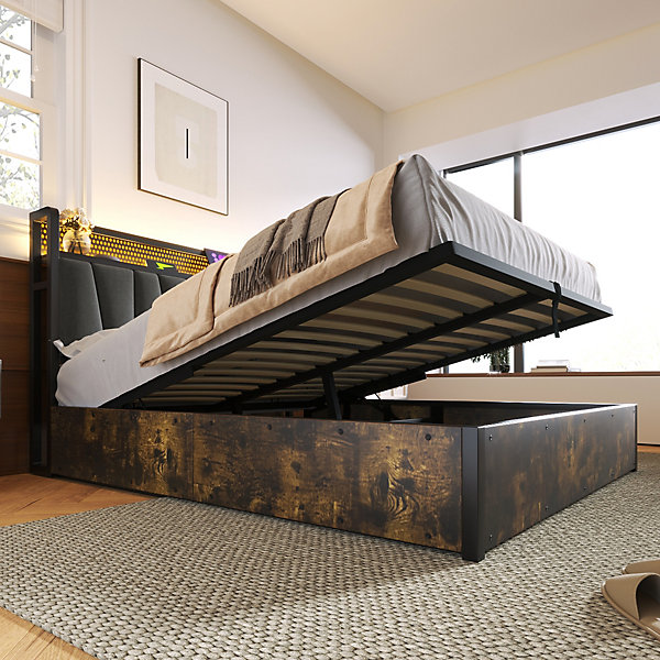 Lit 140x200 cm avec tête de lit LED RGBW, prises USB intégrées, coffre de rangement et cadre métal gris design