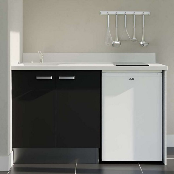 Kitchenette K17 - 140 cm - façades Noir - Plan monobloc en quartz coloris Snova évier à gauche