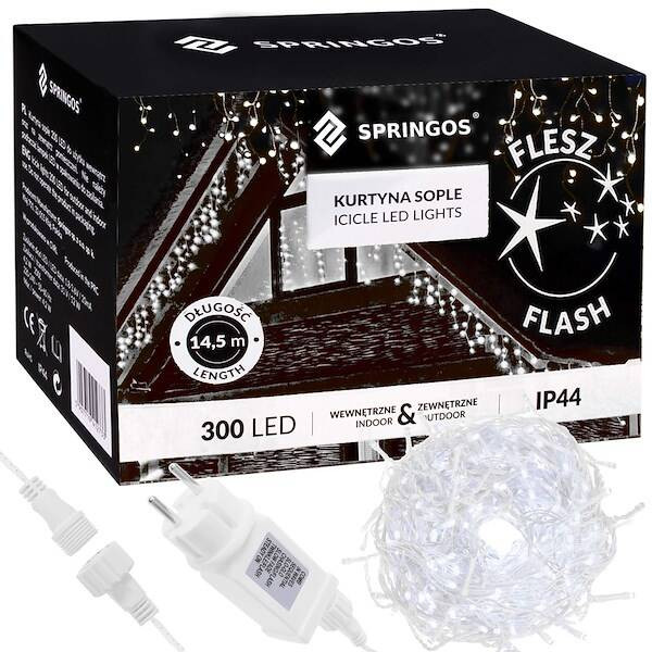 Kurtyna świetlna 300 led girlanda lampki zew. 15,5m biały zimny