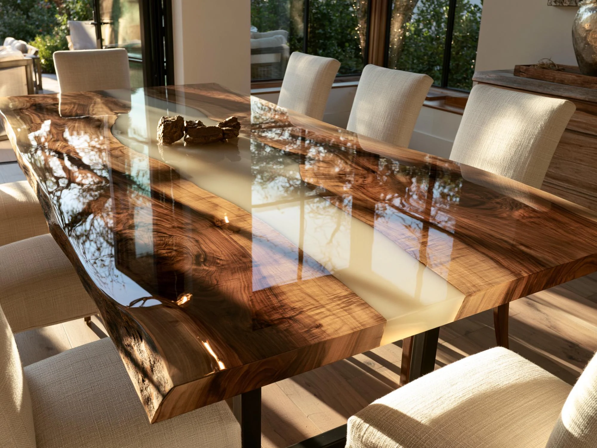 Walnut Live Edge Epoxy River Dining Table, Custom Resin Kitchen Table, Handmade Wood Table, Luxury Modern Dining Room Furniture Decor
