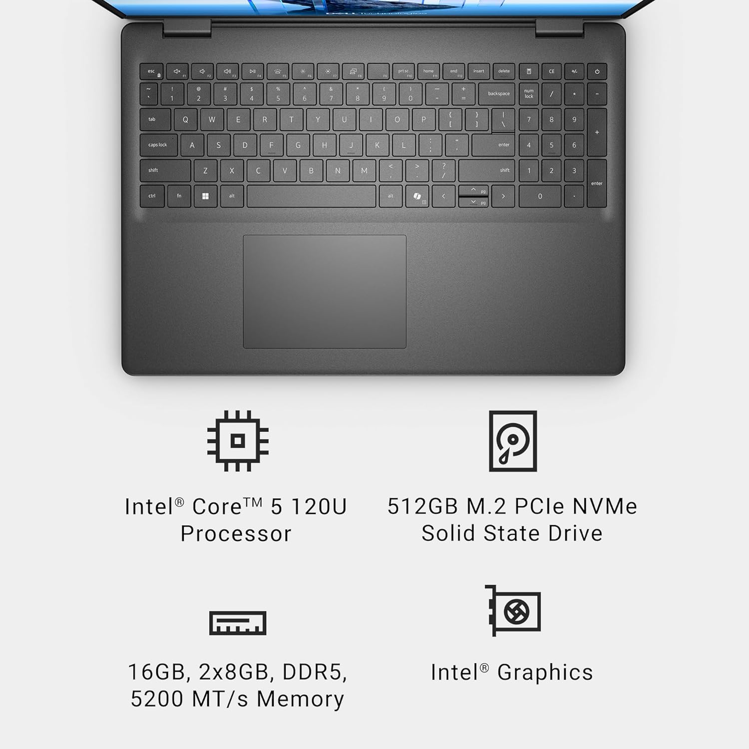 Dell 16 Laptop DC16250-16.0-inch 16:10 FHD+ Touch Display  Intel Core 5 120U Processor  16GB DDR5 RAM  512GB SSD  Intel Graphics  Windows 11 Home  1 Year Basic Onsite Service - Carbon Black