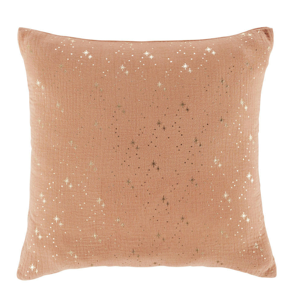 DREAMY - Coussin en gaze de coton biologique terracotta motifs dorés brodés 40x40