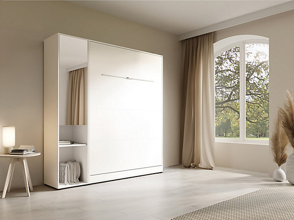 Lit escamotable vertical 140 x 200 cm - 1 colonne de rangement - Avec miroir et LEDs - Blanc - RAPILI
