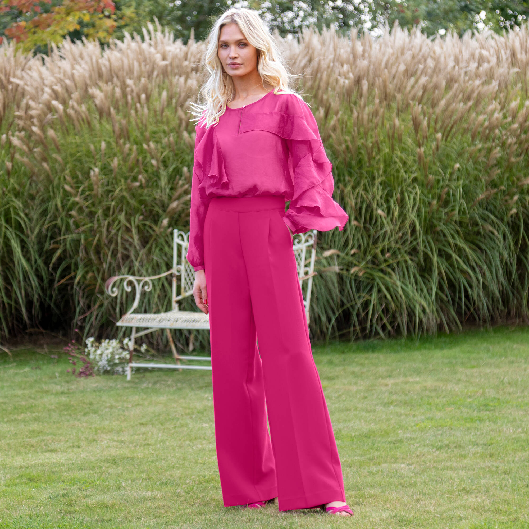 Pantalon large à pinces taille haute, uni