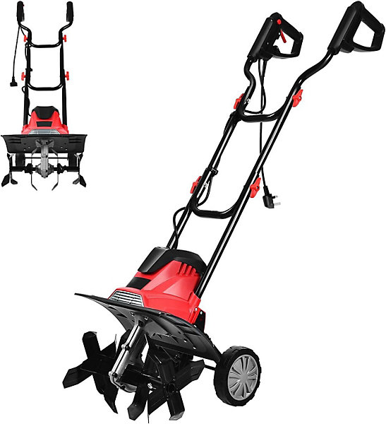 Motobineuse électrique 1200W avec Roues Pliables, Hauteur Réglable, 4 Lames, Sécurité Double -Jardin, Serre