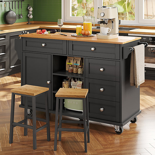 Desserte de Cuisine Moderne - Chariot de Cuisine Mobile avec Tiroirs et Rangements, Meuble MDF, 134x46x92 cm, Noir