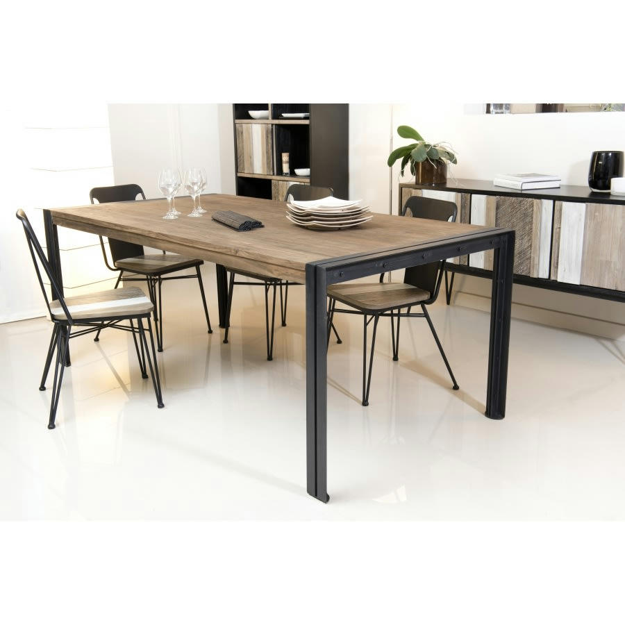 ALIDA - Table à manger plateau en teck recyclé et métal noir L200
