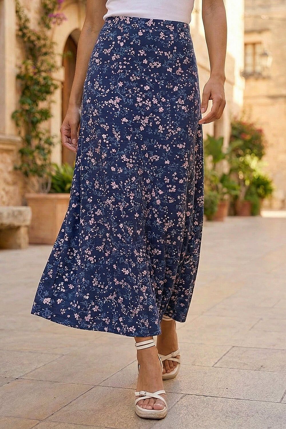 Roman Floral Print Elastic Waist Midi Stretch Skirt