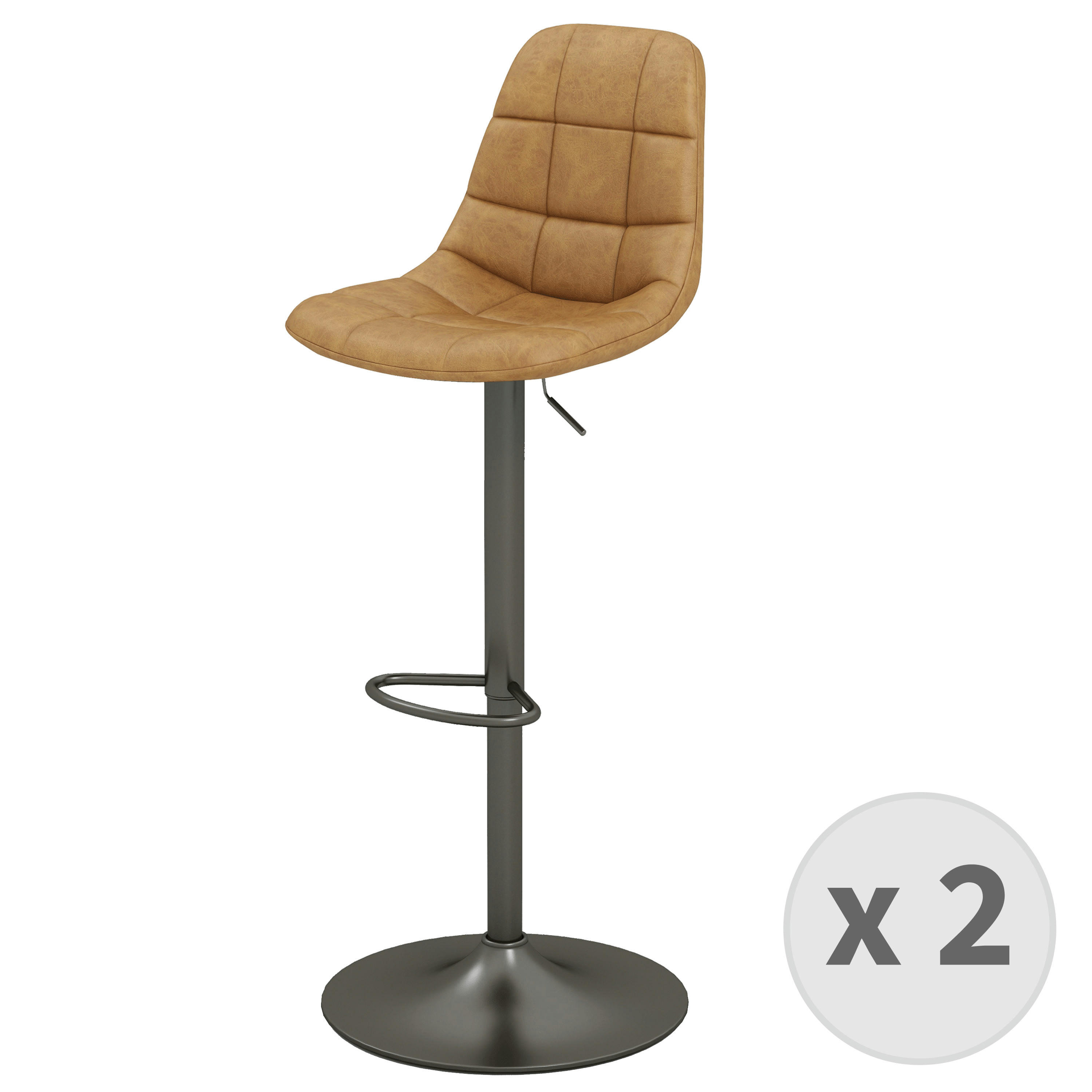HENRIK - Tabouret de bar en cuir synthétique Camel-gris bronze (x2)