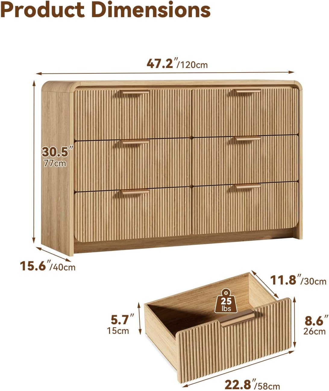 Fluted 6 Drawer Dresser, 47” Wide Wooden Storage Chest with Rounded Curved Corners and Gold Handles, Natural Oak Wood Dresser for Bedroom, Living Room, Hallway