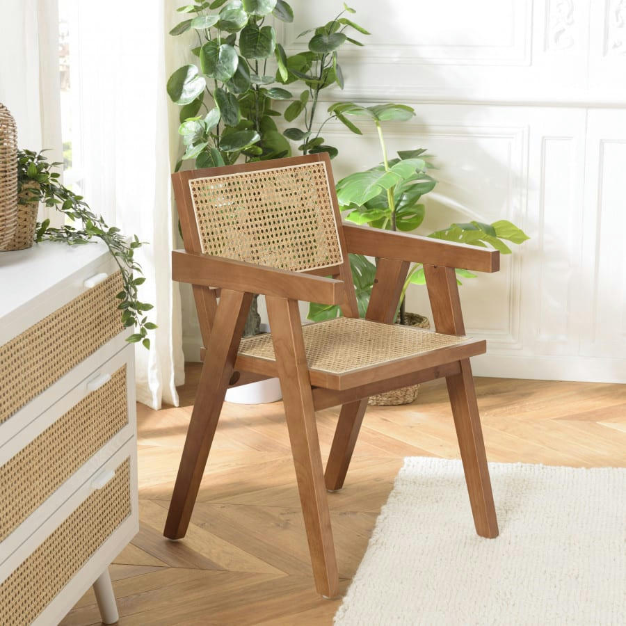 ALBANE - Fauteuil en bois d’Hévéa foncé dossier et assise rotin naturel