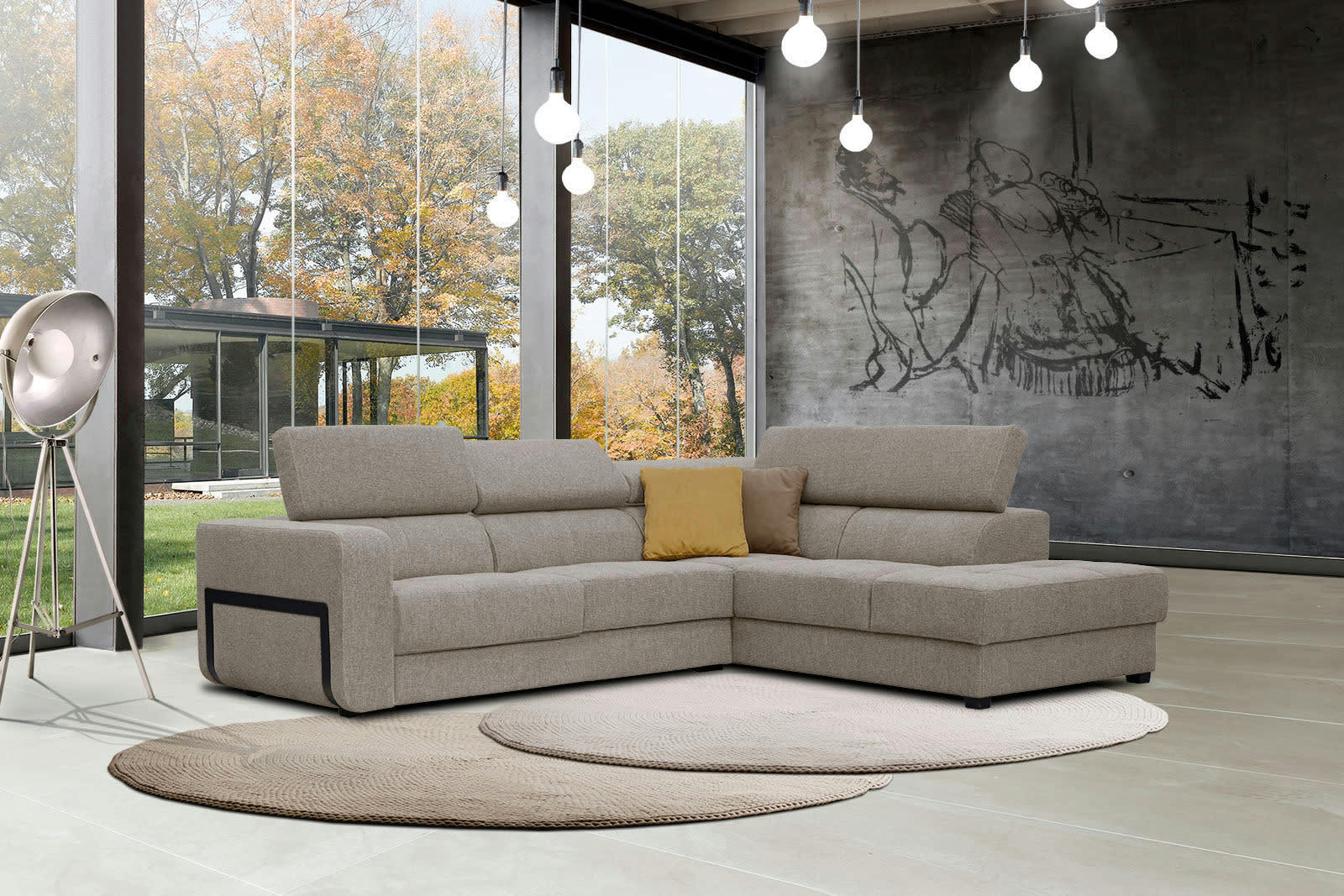 BERGO - Canapé d'angle droit 5 places en tissu taupe avec coussins déco