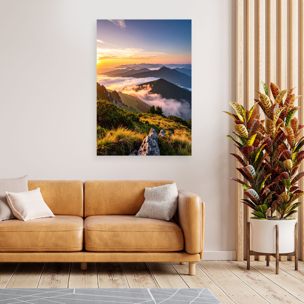 Obraz do salonu sypialni biura, Pejzaż górski zachód słońca 20x30