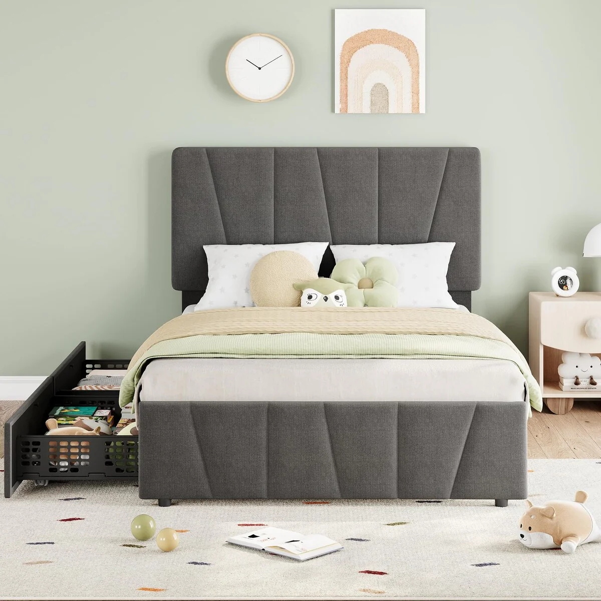 Upholstered Platform Bed Frame with Adjustable Headboard and Drawers