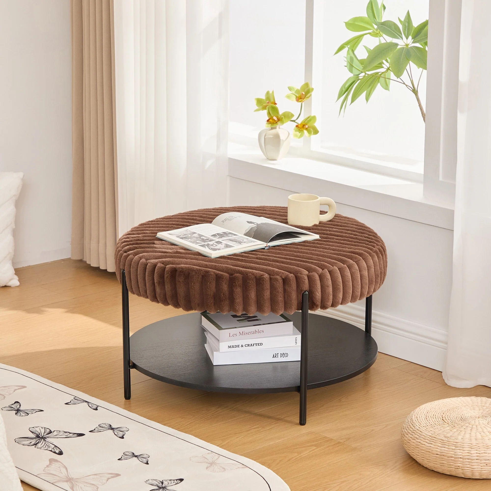 30.9Wide Upholstered Round Ottoman Coffee Table Foot Rest with Black Metal Legs, Footstool with Wooden Open Storage Shelf