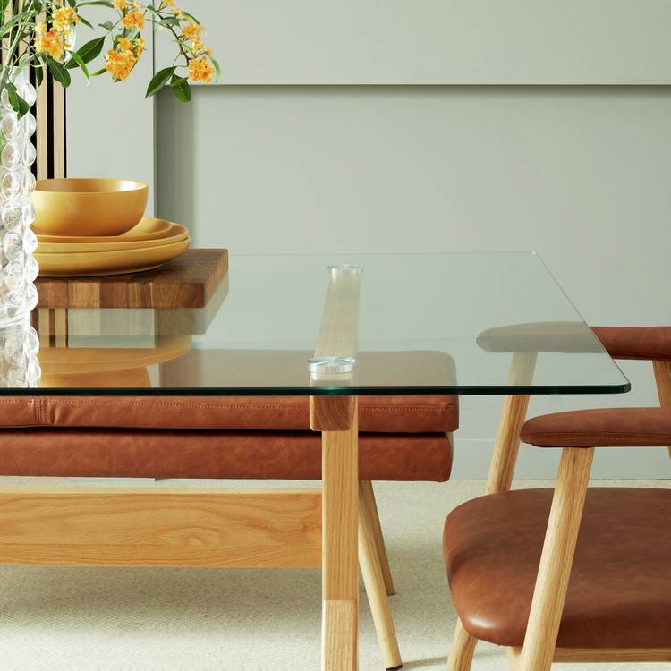 Habitat Zela Glass Natural Dining Table,1 Bench & 4Tan Chair