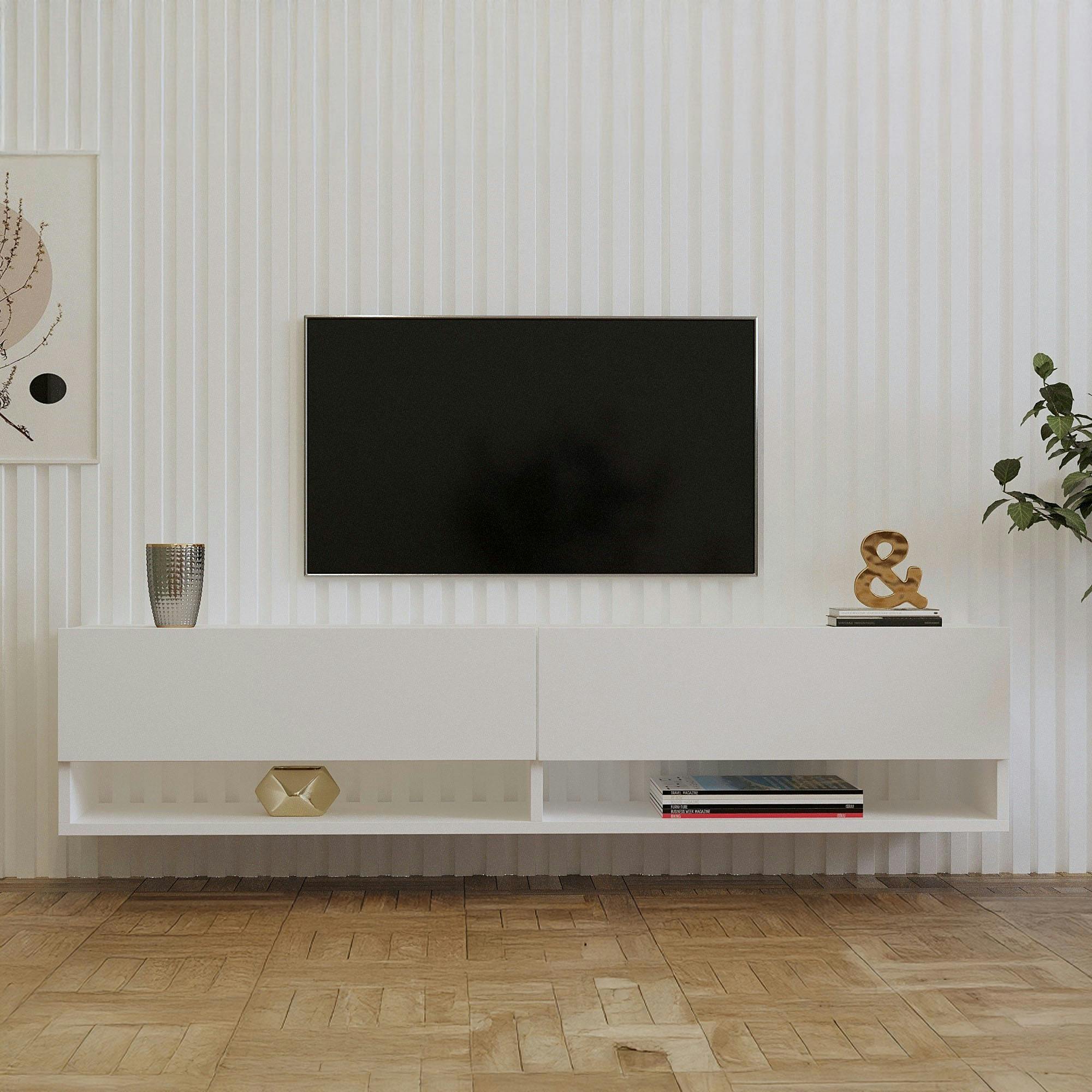 Meuble TV mural blanc - 2 niches ouvertes et 2 portes MARFA