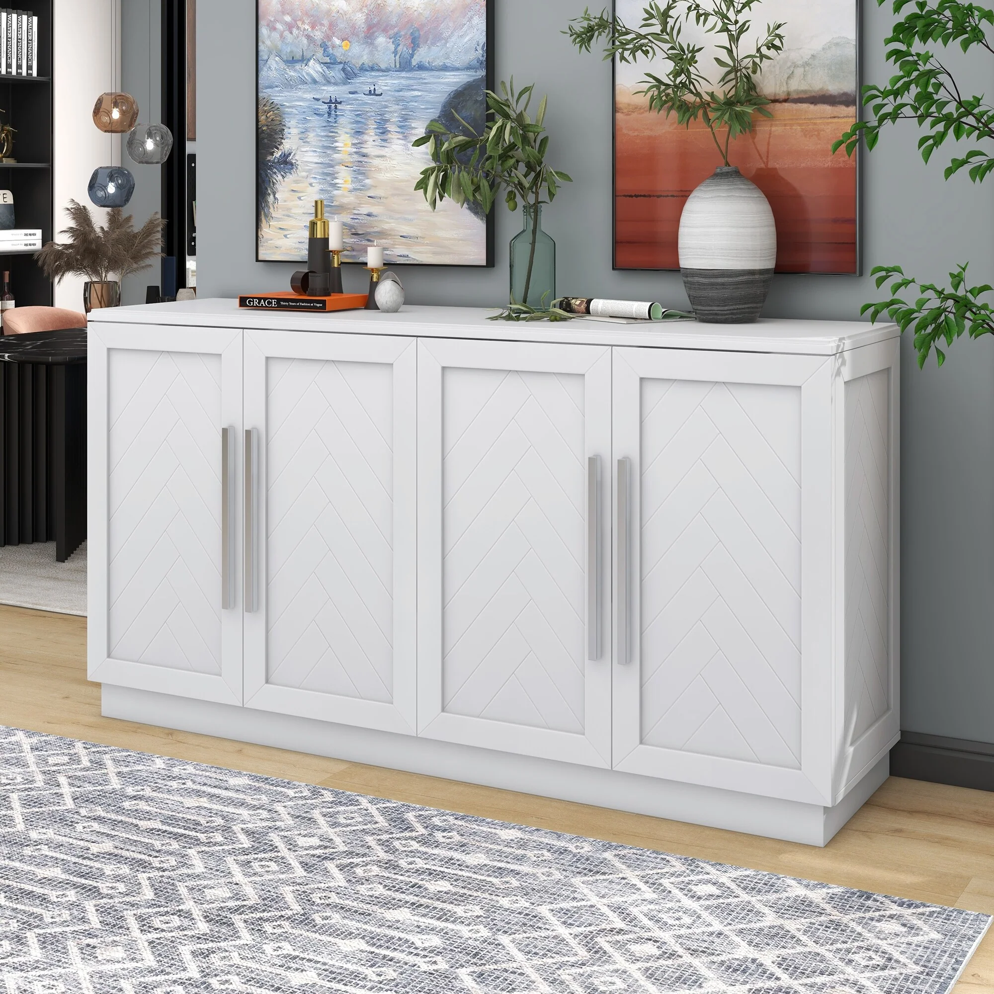 Sideboard with 4 Doors Large Storage Space Buffet Cabinet with Adjustable Shelves and Silver Handles for Kitchen, Dining Room