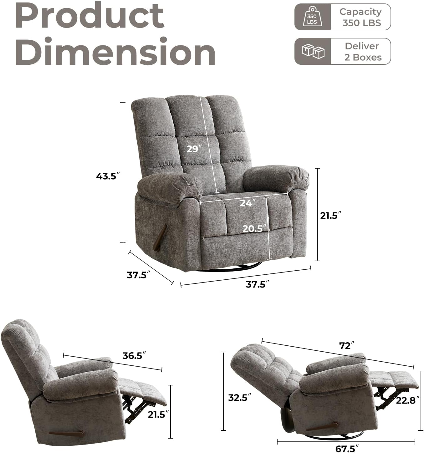 Swivel Rocker Recliner Chair with Heat and Massage, Oversized Rocker Recliner with Overstuffed Backrest,Swivel Glider Recliner for Living Room,Grey