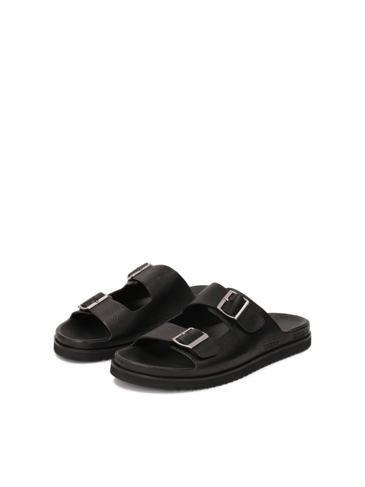 Black leather slides with two straps