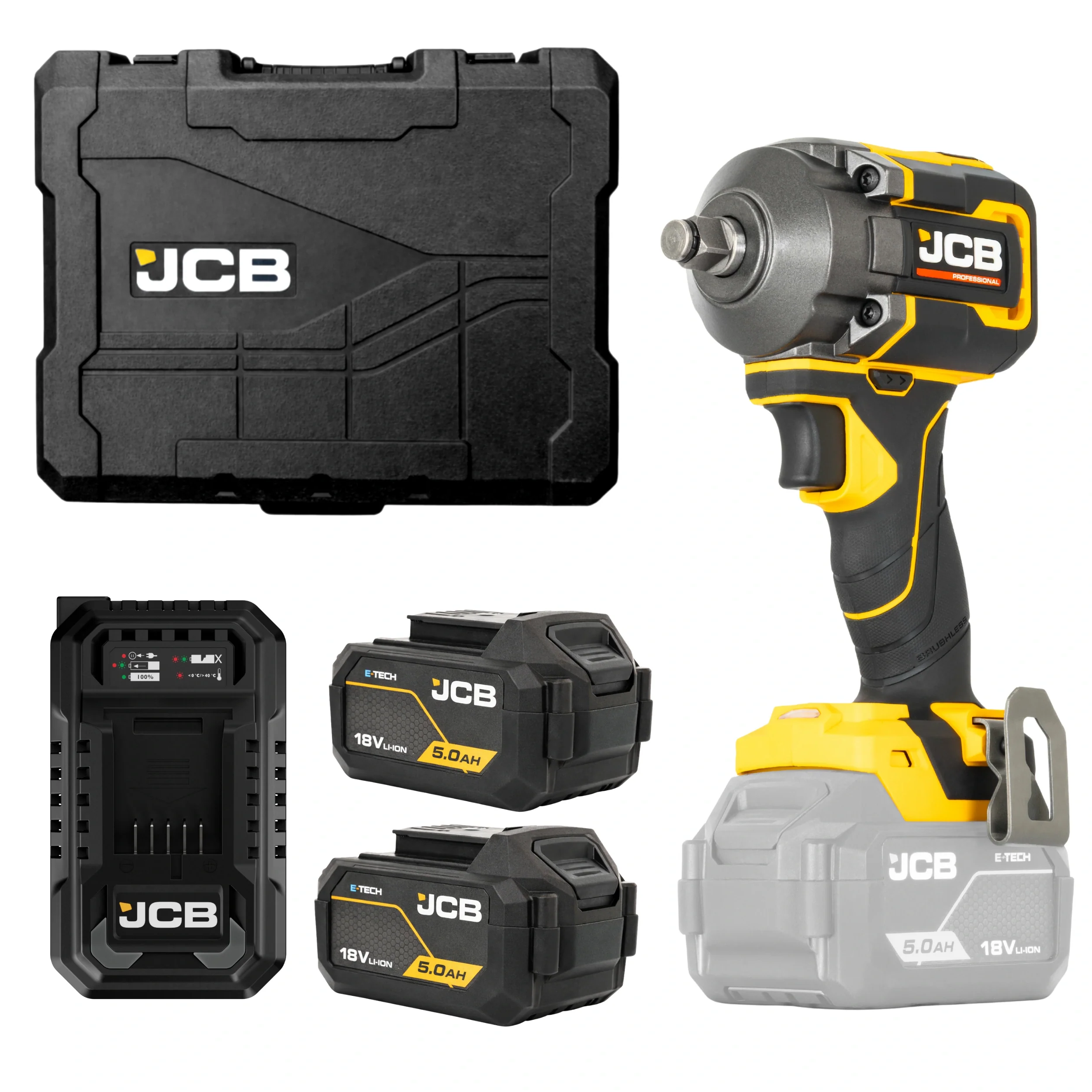 JCB Professional Klucz Udarowy Akumulatorowy 18V 620Nm Zestaw 2x 5,0Ah Ładowarka 4,5A Walizka