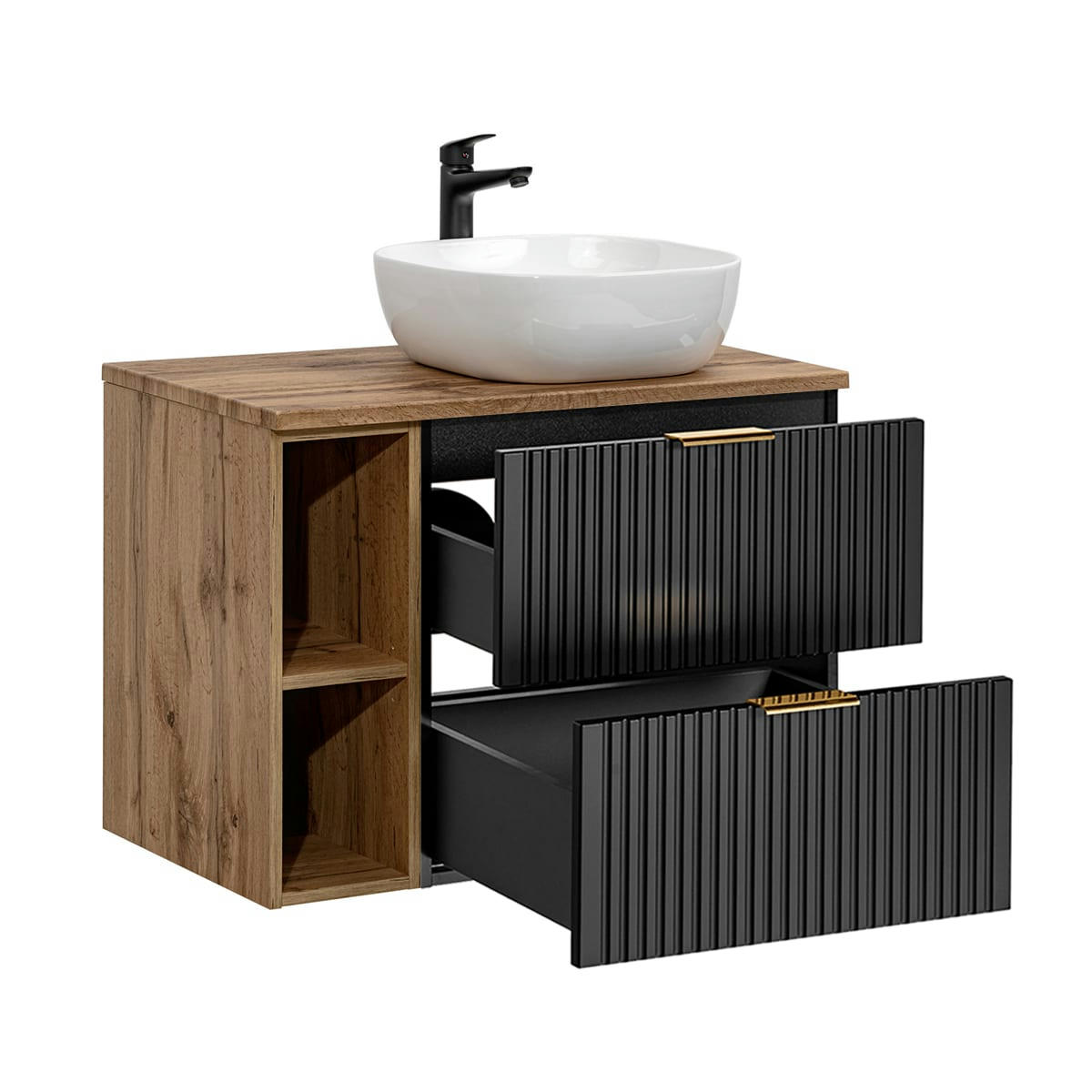 - Meuble simple vasque 80cm 2 niches noir et naturel