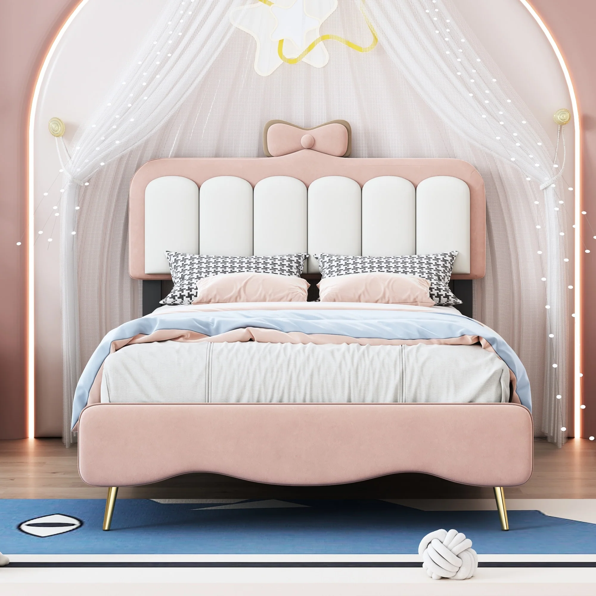 Velvet Twin Platform Bed with Bow Knot Headboard and Footboard, Pink