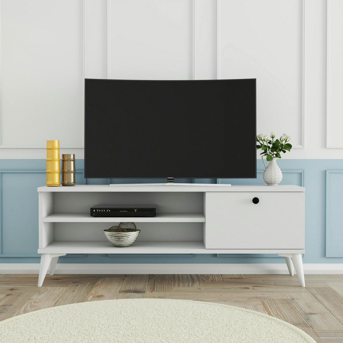 Meuble TV blanc avec rangement 1 porte 2 niches longues UMEA