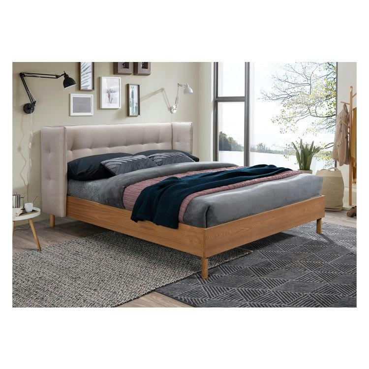 LOCO - Lit double 160x200 cm en tissu gris/beige