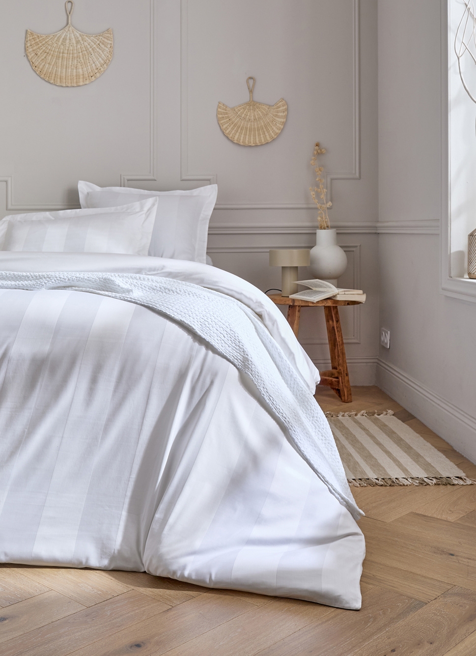 HOUSSE DE COUETTE RAYÉE EN SATIN DE COTON BLANC