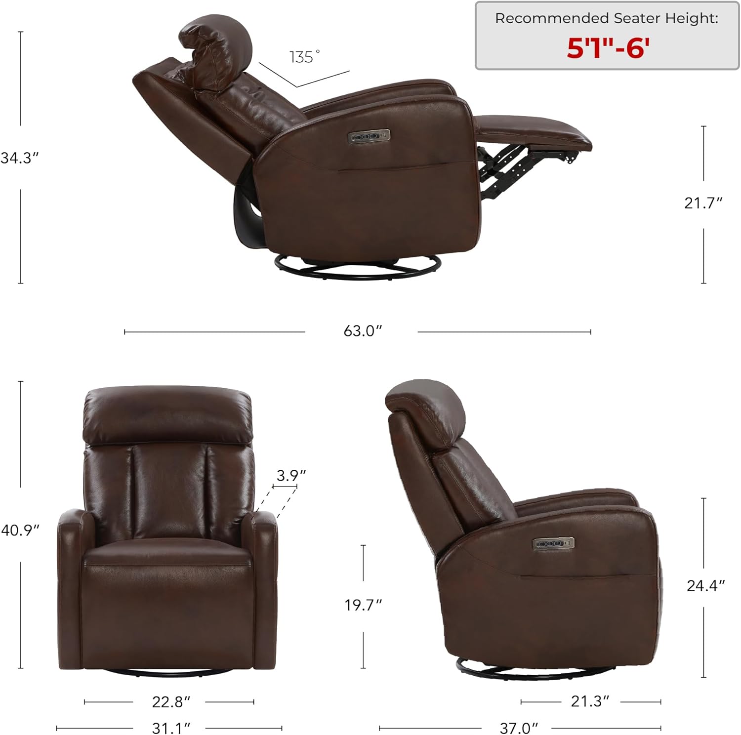CHITA Leather Power Swivel Recliner Chair for Adults, Triple Motor Electric Rocker Recliner for Living Room with Adjustable Headrest and Lumbar Support, USB & Type-C Charging Ports, Cognac Brown