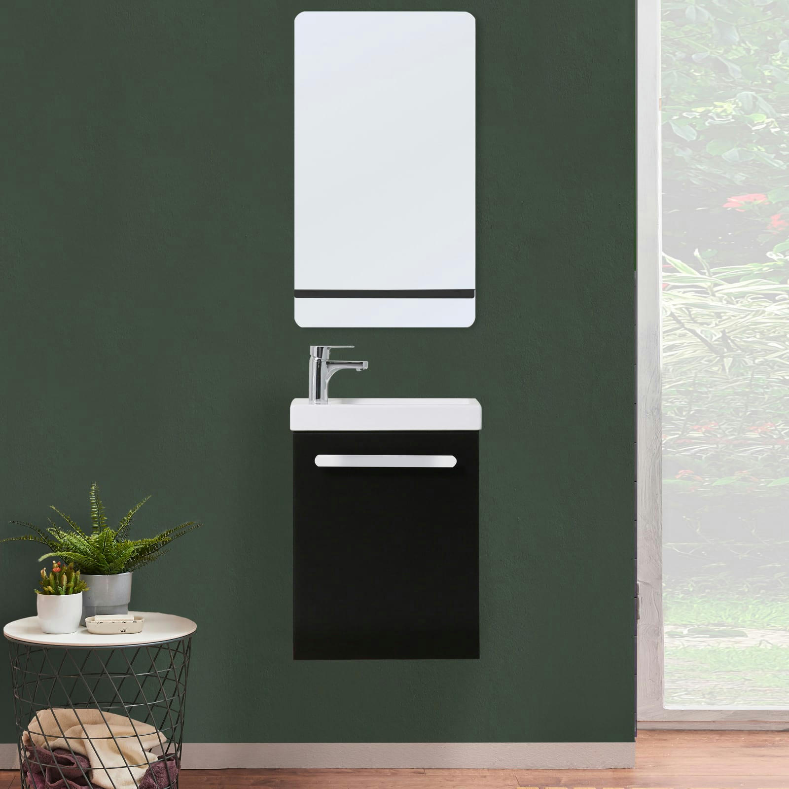 NEVADA - Meuble lave-mains  Noir carbone + robinet chromé+miroir tablette noire