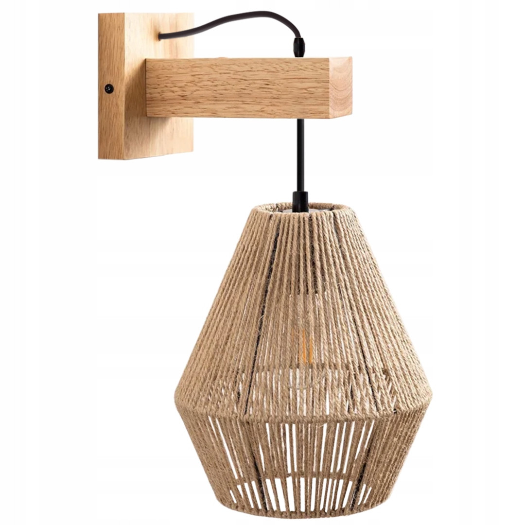 Kinkiet Lampa Ścienna Drewno Boho Sznurek Jutowy
