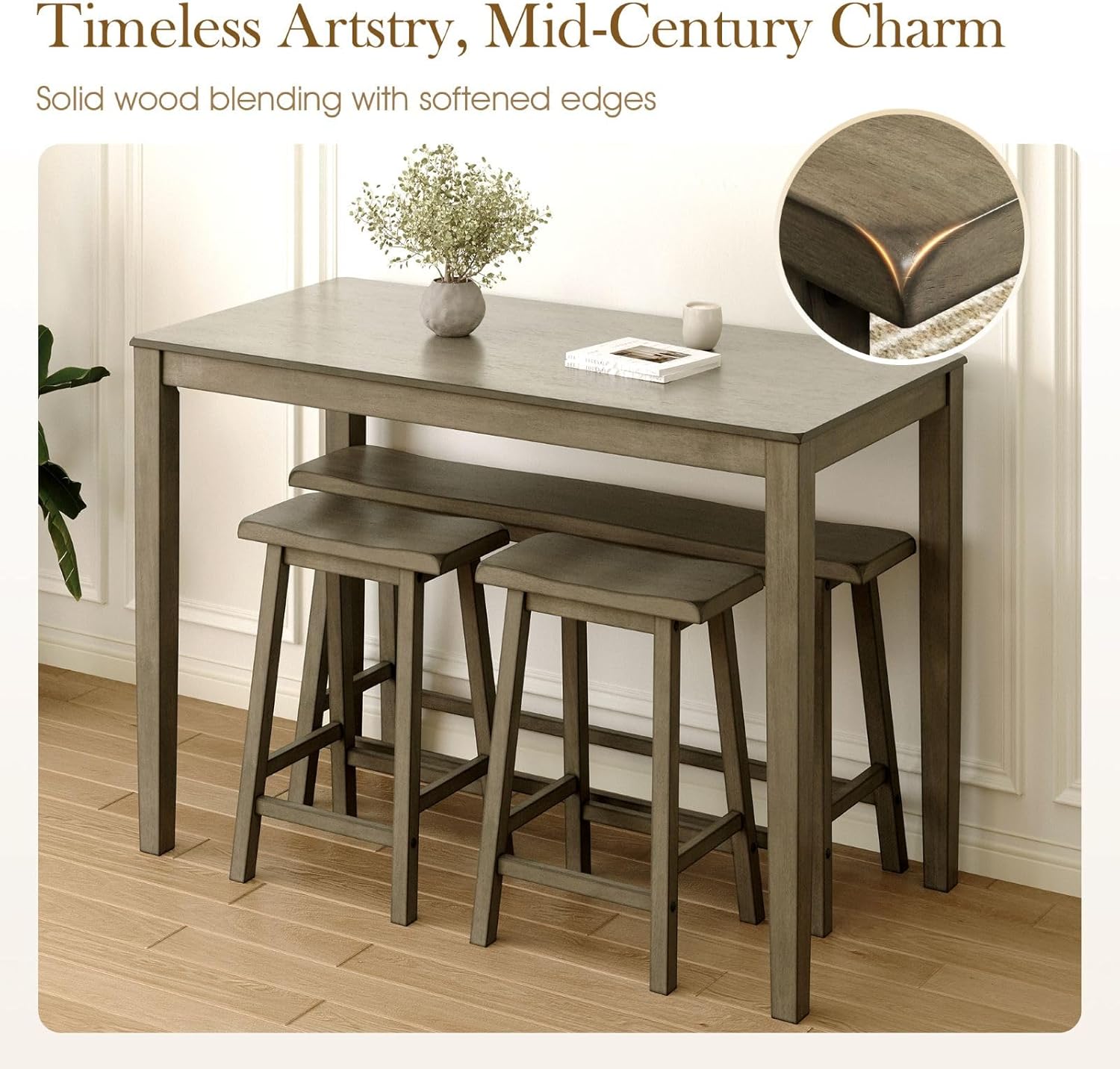 Sophia & William Dining Table Set for 4, Counter Height Table and Chairs, Kitchen Table Set with Bench and 2 Chairs, Small Breakfast Bar Dining Set, Smoky Brown