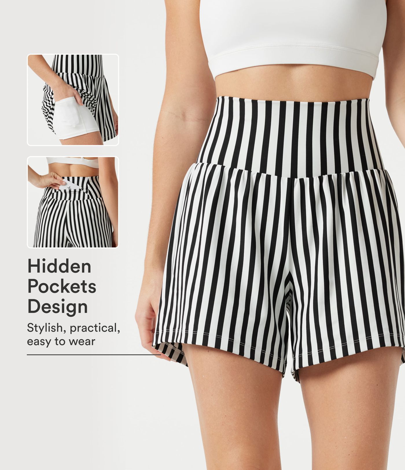 Short de yoga ample 2 en 1 à rayures taille ultra haute avec poches