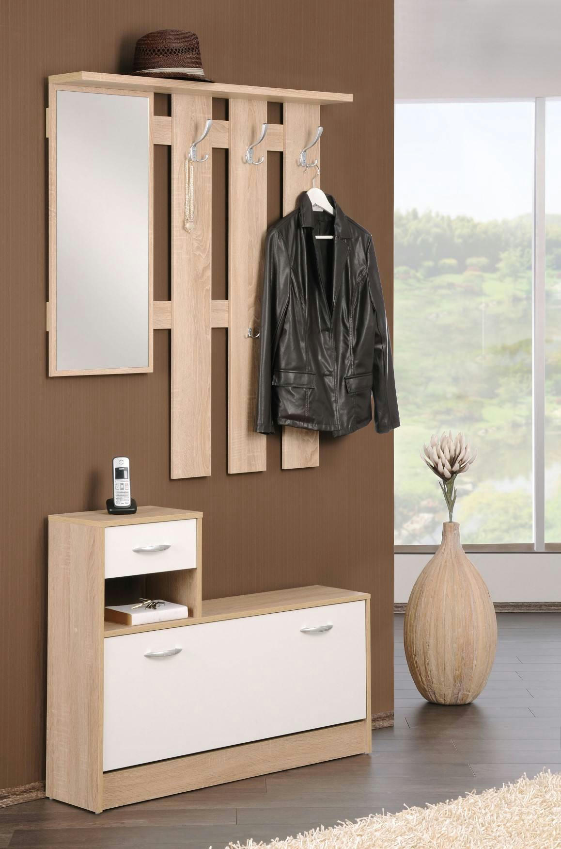 CLINT - Meuble d'entrée avec miroir effet bois blanc et chêne