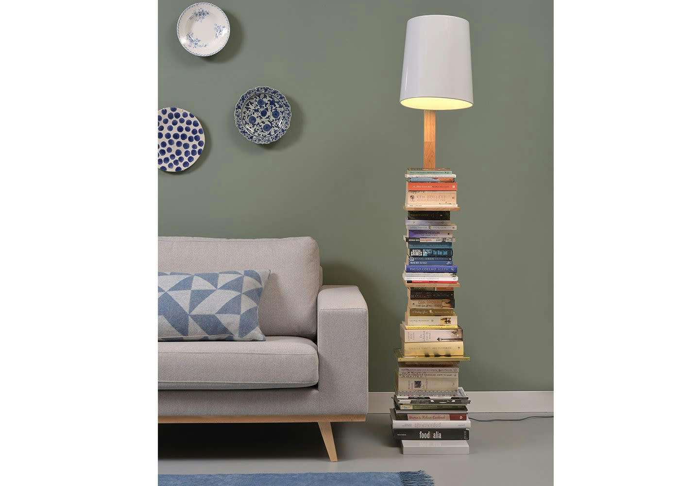 CAMBRIDGE - Lampadaire avec étagères métal/bois blanc H168cm